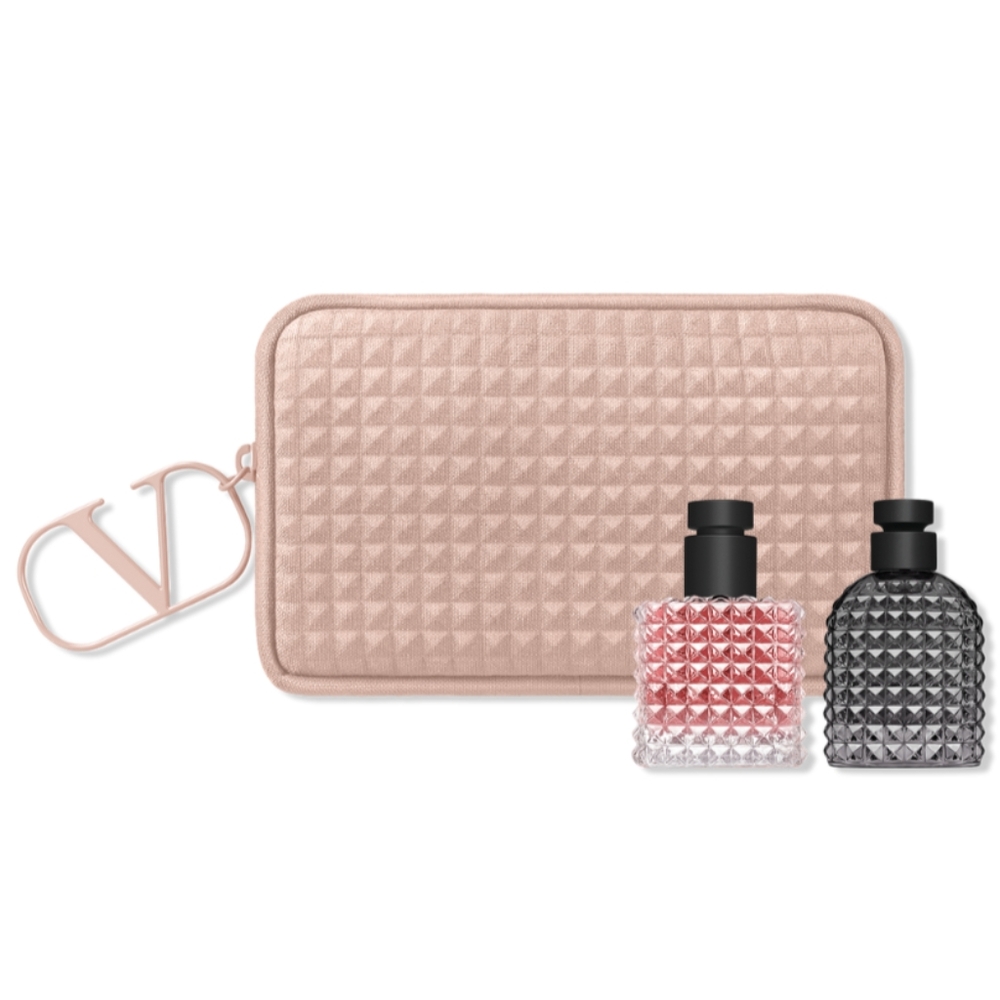 Valentino Parfums Studded Beige Pouch with two mini perfume Brand new